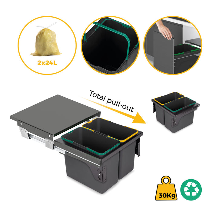 Recyclingbehälterf die seitliche Montage an Küchenschränke, 2x24Liter, Stahl, Kunststoff anthrazitgrau