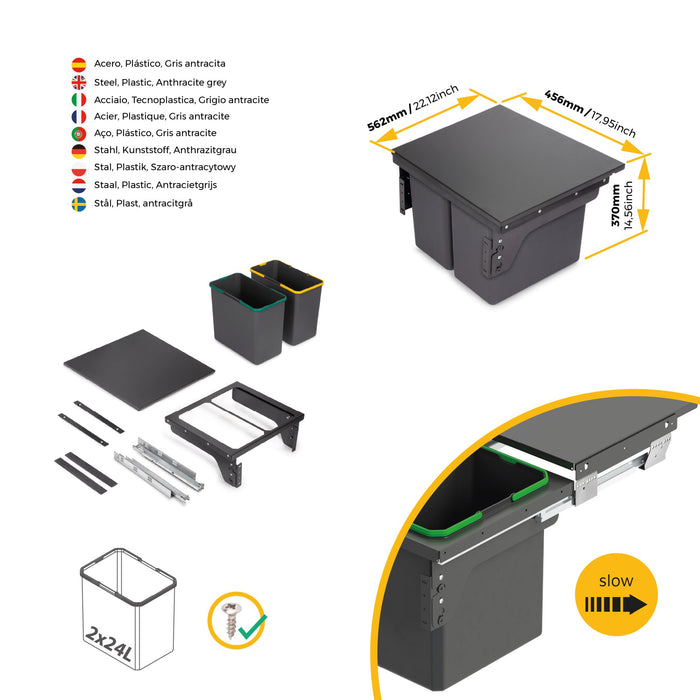 Recyclingbehälterf die seitliche Montage an Küchenschränke, 2x24Liter, Stahl, Kunststoff anthrazitgrau