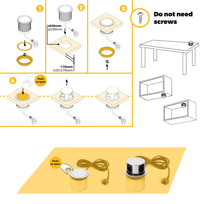 Vertikal Push abnehmbare Mehrfachsteckdose durchmesser 100mm, 3 Schuko-Stecker, 1 USB Typ A, 1 USB Typ C, Stahl Kunststoff, Weiß