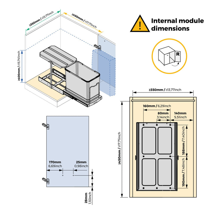 Recycle-Küchenrecyclingbehälter, 24 L, Bodenbefestigung Handauszug/automatische, Anthrazitgrauer Kunststoff