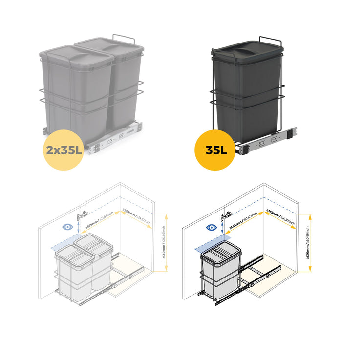 Recycling-Behälter die Küche, 35 L, Bodenbefestigung Handauszug, Anthrazitgrauer Kunststoff