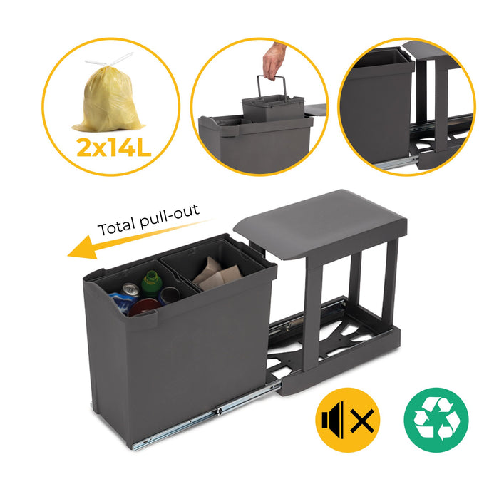 Recyclingbehälter Küche, 2 x 14 Liter, Unterseitigbefeistigung automatische Extraktion, Stahl Kunststoff, Anthrazitgrauer