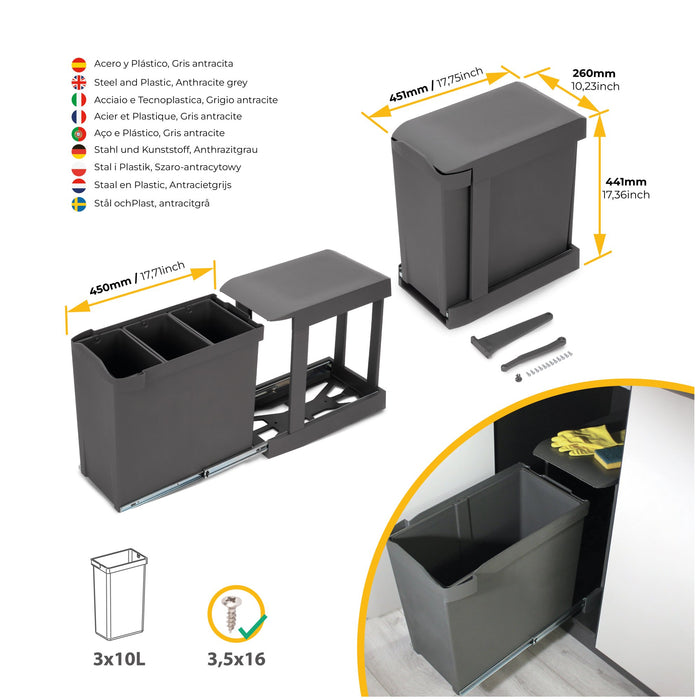 Recyclingbehälter Küche, 3 x 10 Liter, Unterseitigbefeistigung automatische Extraktion, Stahl Kunststoff, Anthrazitgrauer