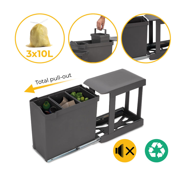 Recyclingbehälter Küche, 3 x 10 Liter, Unterseitigbefeistigung automatische Extraktion, Stahl Kunststoff, Anthrazitgrauer