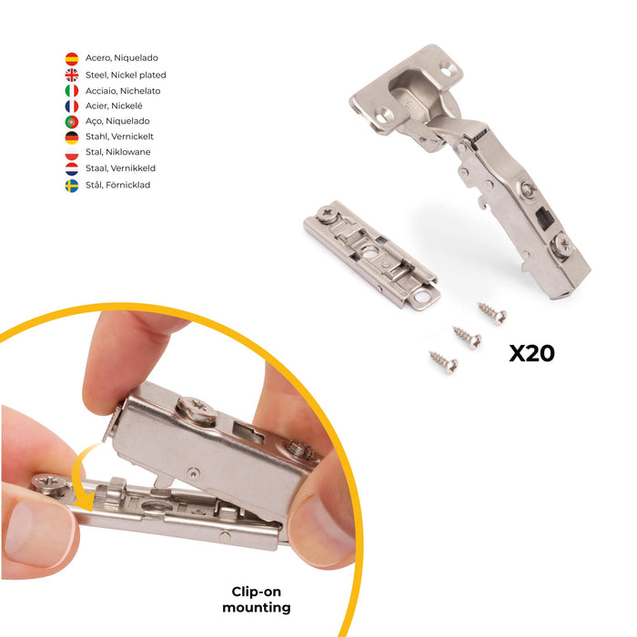 kit von 20 Topfscharniere X91Eckanschlag sanftes Schließen Montageplatte zum Schrauben, H 1, Stahl, vernickelt