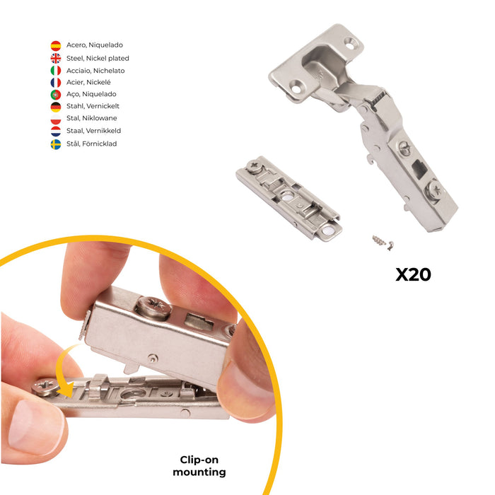 kit von 20 Topfscharniere X91 telanschlag sanftes Schließen Montageplatte zum Schrauben, H 1, Stahl, vernickelt