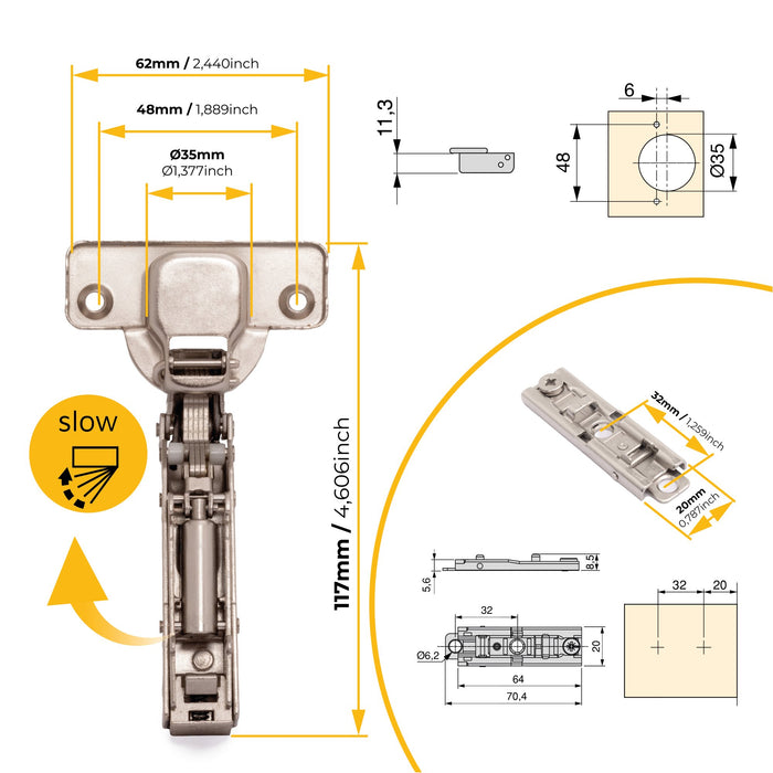 kit von 20 Topfscharniere X91 telanschlag sanftes Schließen Montageplatte zum Schrauben, H 1, Stahl, vernickelt