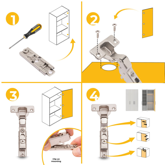 kit von 20 Topfscharniere X91 telanschlag sanftes Schließen Montageplatte zum Schrauben, H 1, Stahl, vernickelt