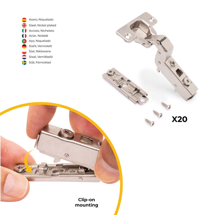 kit von 20 Topfscharniere X91 Innenanschlag sanftes Schließen Montageplatte zum Schrauben, H 1, Stahl, vernickelt
