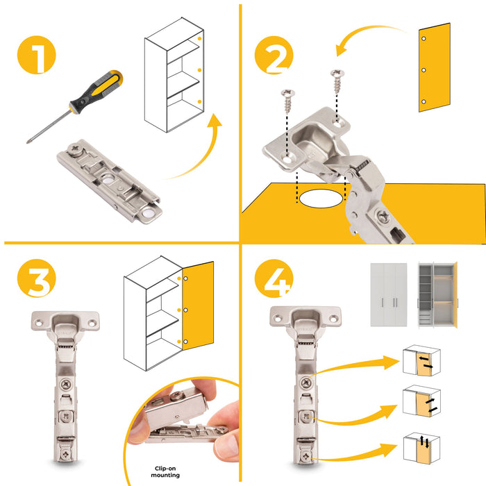 kit von 20 Topfscharniere X91 Innenanschlag sanftes Schließen Montageplatte zum Schrauben, H 1, Stahl, vernickelt