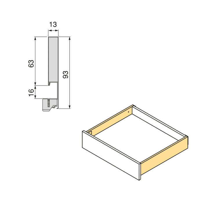 Aussenschublade Vertex mit Push Synchro und 3D-Regelung, 93mm hoch, 40Kg, Tiefe 450mm, Stahl, Anthrazitgrau