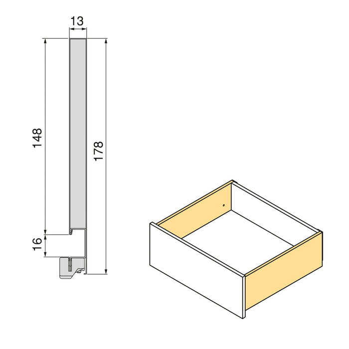 Aussenschublade Vertex mit Push Synchro und 3D-Regelung, 178mm hoch, 40Kg, Tiefe 500mm, Stahl, Anthrazitgrau