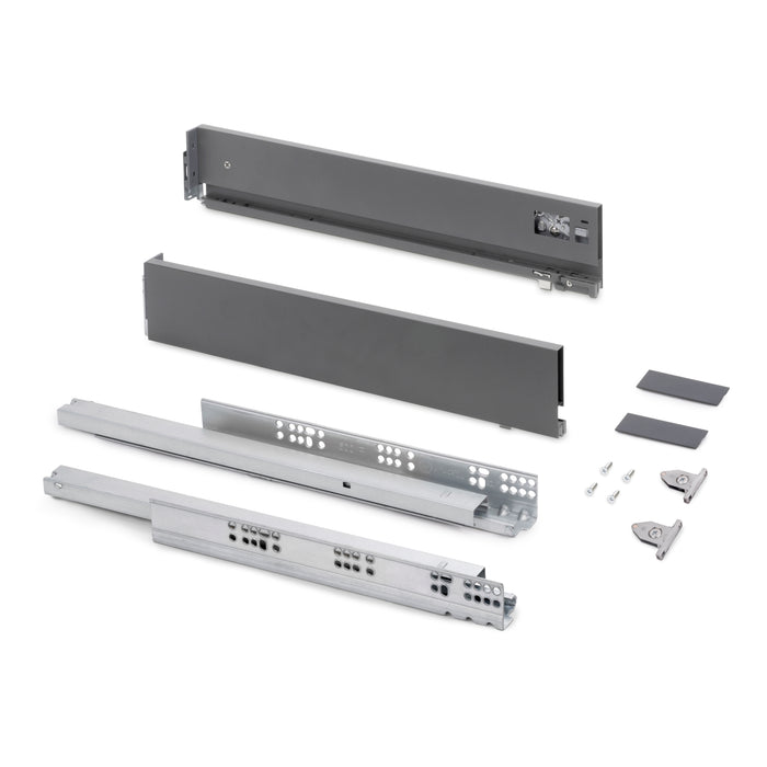 Emuca NEU | Aussenschublade Vertex mit 3D-Regelung, Höhe 93mm, 40Kg, Brettstärke von 18mm, Tiefe 450mm, Stahl, Anthrazitgrau