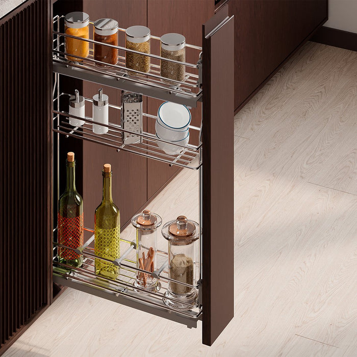 SupraMax ausziehbares Flaschenregal SupraMax mit sanfter Schließung, linke Seite, 3 Tablets, Modul 150mm, Stahl, Verchromt