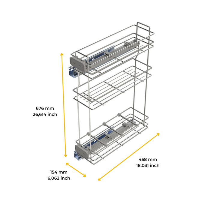 SupraMax ausziehbares Flaschenregal SupraMax mit sanfter Schließung, linke Seite, 3 Tablets, Modul 200mm, Stahl, Verchromt