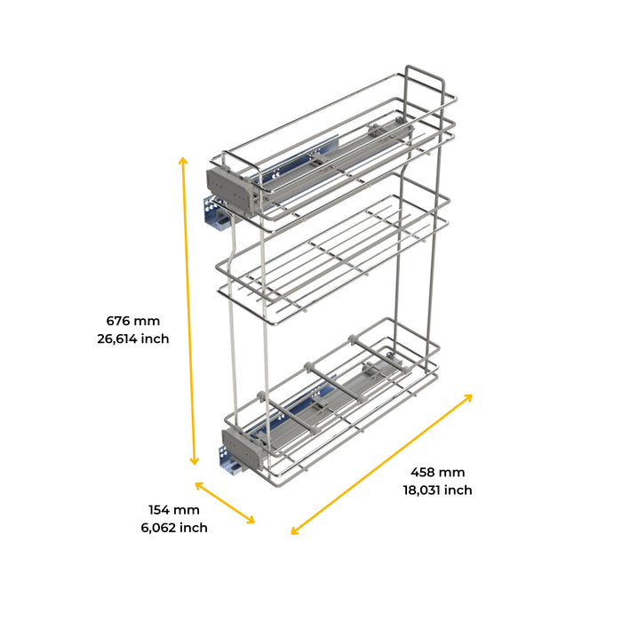 Emuca NEU | SupraMax ausziehbares Flaschenregal SupraMax mit sanfter Schließung, linke Seite, 3 Tablets, Modul 200mm, Stahl, Verchromt
