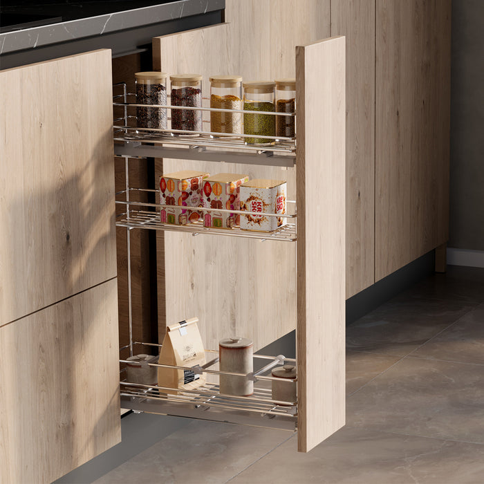 Emuca NEU | SupraMax ausziehbares Flaschenregal SupraMax mit sanfter Schließung, linke Seite, 3 Tablets, Modul 200mm, Stahl, Verchromt