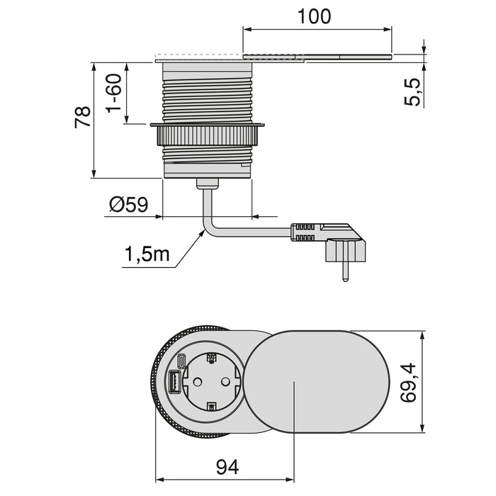 Multistecker mit Gleiter Vertikal Flat 60, Durchmesser 60mm, 1 Schukostecker, 1 USB Typ A, 1 USB Typ C, Stahl und Kunststoff, Edelstahl