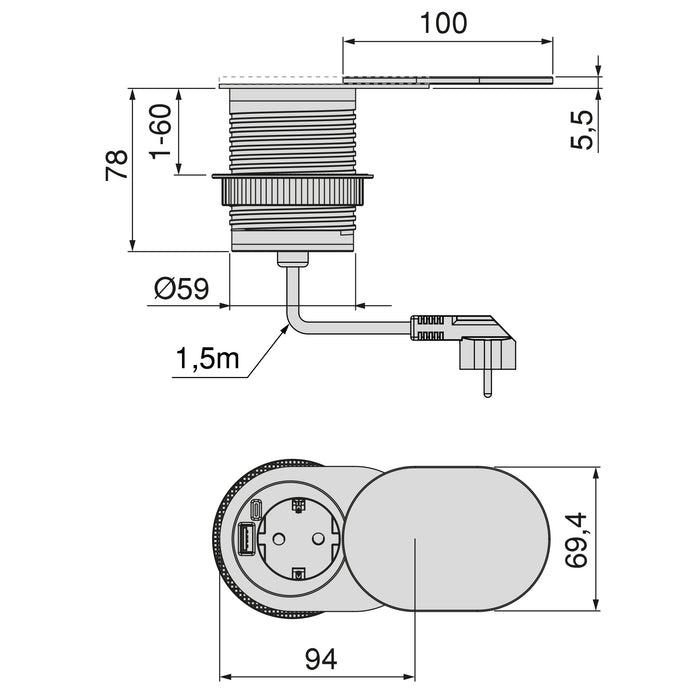 Emuca NEU | Multistecker mit Gleiter Vertikal Flat 60, Durchmesser 60mm, 1 Schukostecker, 1 USB Typ A, 1 USB Typ C, Stahl und Kunststoff, Edelstahl
