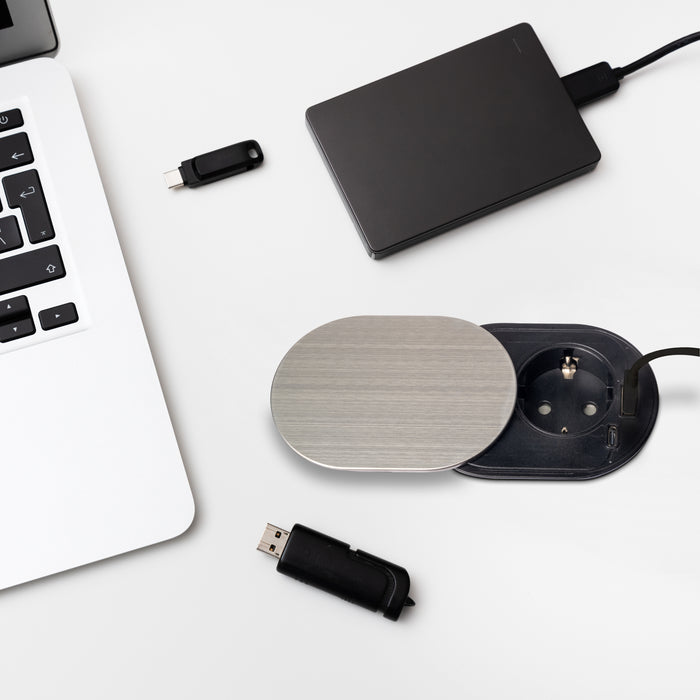 Emuca NEU | Multistecker mit Gleiter Vertikal Flat 60, Durchmesser 60mm, 1 Schukostecker, 1 USB Typ A, 1 USB Typ C, Stahl und Kunststoff, Edelstahl