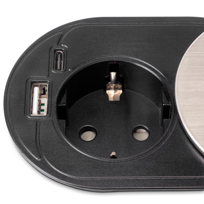 Emuca NEU | Multistecker mit Gleiter Vertikal Flat 60, Durchmesser 60mm, 1 Schukostecker, 1 USB Typ A, 1 USB Typ C, Stahl und Kunststoff, Edelstahl