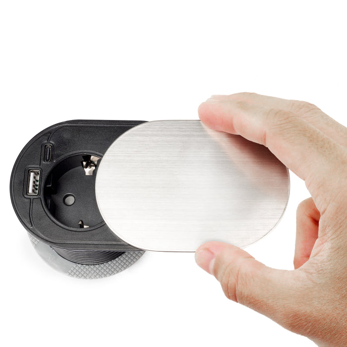 Emuca NEU | Multistecker mit Gleiter Vertikal Flat 60, Durchmesser 60mm, 1 Schukostecker, 1 USB Typ A, 1 USB Typ C, Stahl und Kunststoff, Edelstahl