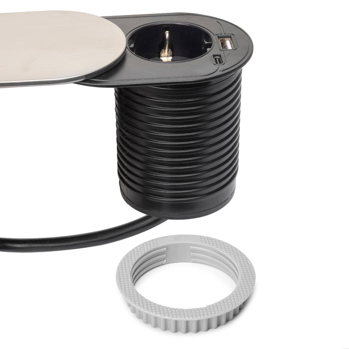 Emuca NEU | Multistecker mit Gleiter Vertikal Flat 60, Durchmesser 60mm, 1 Schukostecker, 1 USB Typ A, 1 USB Typ C, Stahl und Kunststoff, Edelstahl