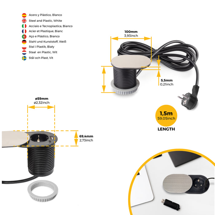 Emuca NEU | Multistecker mit Gleiter Vertikal Flat 60, Durchmesser 60mm, 1 Schukostecker, 1 USB Typ A, 1 USB Typ C, Stahl und Kunststoff, Edelstahl