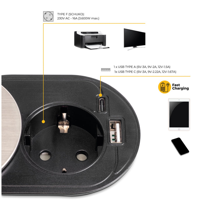 Multistecker mit Gleiter Vertikal Flat 60, Durchmesser 60mm, 1 Schukostecker, 1 USB Typ A, 1 USB Typ C, Stahl und Kunststoff, Edelstahl
