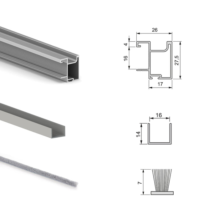 Set aus Hardware set für Placard 74 2-Schiebe-Kleiderschrank mit sanftem Schliessen, Griff-Modell Sharp, Stärke 16mm, ohne Paneele, Matt eloxiert