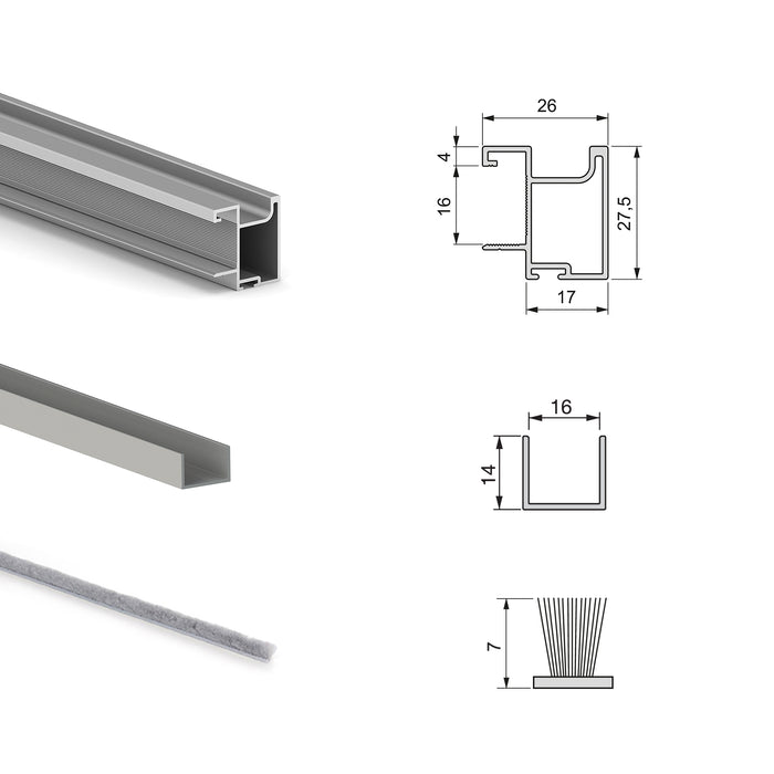 Emuca NEU | Set aus Hardware set für Placard 74 2-Schiebe-Kleiderschrank mit sanftem Schliessen, Griff-Modell Sharp, Stärke 16mm, ohne Paneele, Matt eloxiert