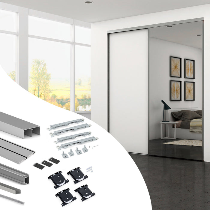 Set aus Hardware set für Placard 74 2-Schiebe-Kleiderschrank mit sanftem Schliessen, Griff-Modell Sharp, Stärke 18mm, ohne Paneele, Matt eloxiert