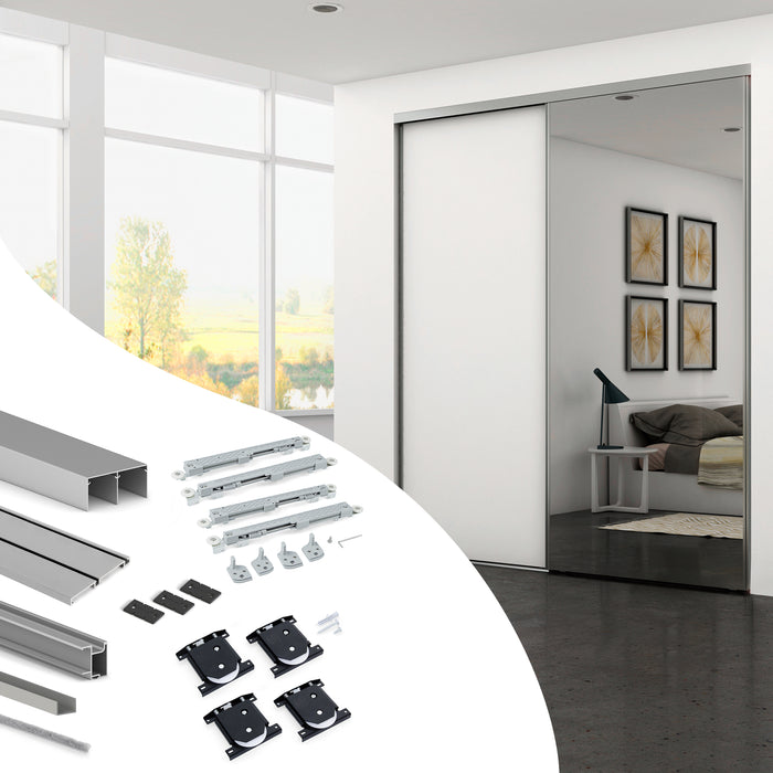 Emuca NEU | Set aus Hardware set für Placard 74 2-Schiebe-Kleiderschrank mit sanftem Schliessen, Griff-Modell Sharp, Stärke 18mm, ohne Paneele, Matt eloxiert