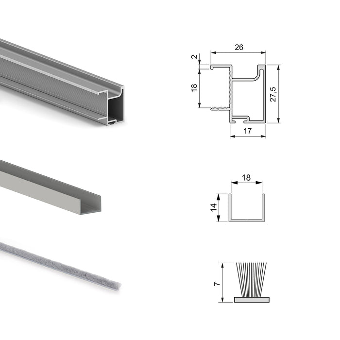 Set aus Hardware set für Placard 74 2-Schiebe-Kleiderschrank mit sanftem Schliessen, Griff-Modell Sharp, Stärke 18mm, ohne Paneele, Matt eloxiert