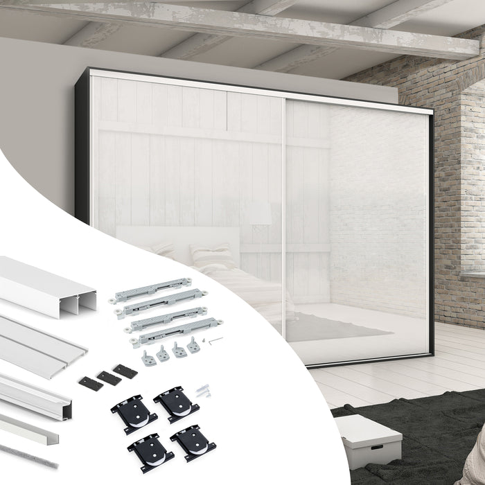 Emuca NEU | Set aus Hardware set für Placard 74 2-Schiebe-Kleiderschrank mit sanftem Schliessen, Griff-Modell Sharp, Stärke 19mm, ohne Paneele, Weiß metallic