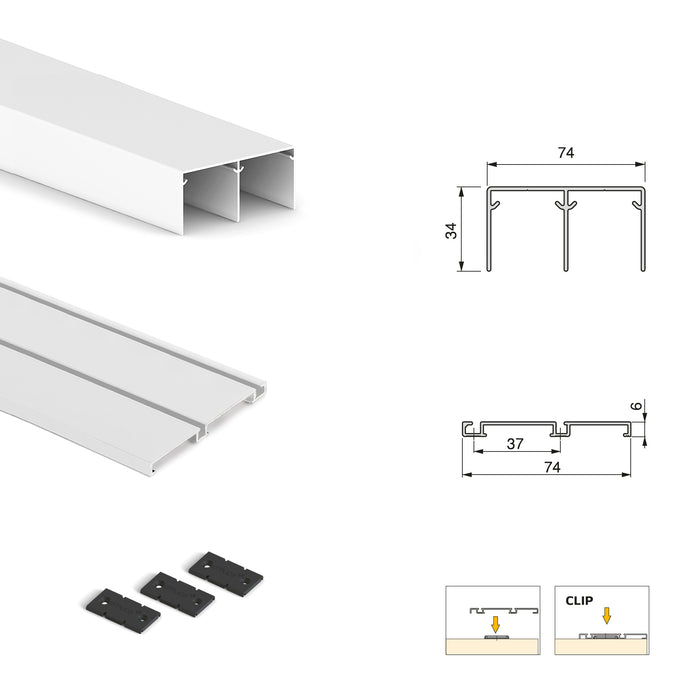 Emuca NEU | Set aus Hardware set für Placard 74 2-Schiebe-Kleiderschrank mit sanftem Schliessen, Griff-Modell Sharp, Stärke 19mm, ohne Paneele, Weiß metallic