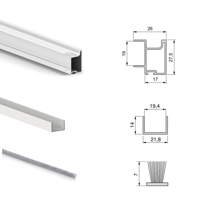 Emuca NEU | Set aus Hardware set für Placard 74 2-Schiebe-Kleiderschrank mit sanftem Schliessen, Griff-Modell Sharp, Stärke 19mm, ohne Paneele, Weiß metallic