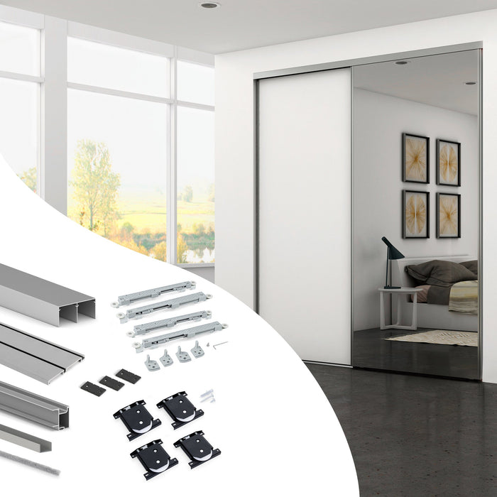 Set aus Hardware set für Placard 74 2-Schiebe-Kleiderschrank mit sanftem Schliessen, Griff-Modell Sharp, Stärke 19mm, ohne Paneele, Matt eloxiert