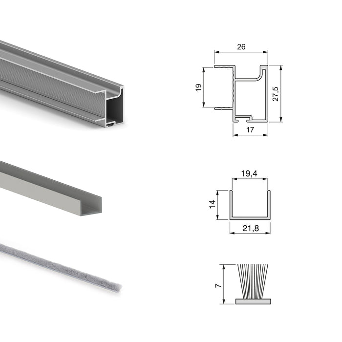 Emuca NEU | Set aus Hardware set für Placard 74 2-Schiebe-Kleiderschrank mit sanftem Schliessen, Griff-Modell Sharp, Stärke 19mm, ohne Paneele, Matt eloxiert