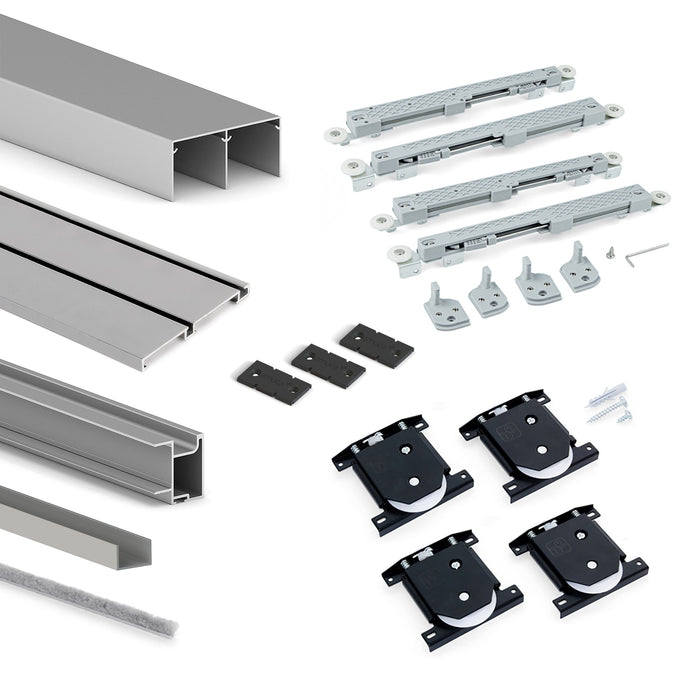 Set aus Hardware set für Placard 74 2-Schiebe-Kleiderschrank mit sanftem Schliessen, Griff-Modell Sharp, Stärke 19mm, ohne Paneele, Matt eloxiert