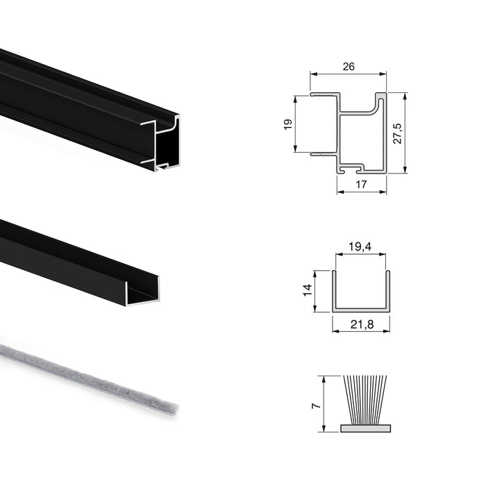 Set aus Hardware set für Placard 74 2-Schiebe-Kleiderschrank mit sanftem Schliessen, Griff-Modell Sharp, Stärke 19mm, ohne Paneele, Schwarz lackiert