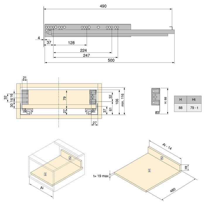 Emuca NEU | Aussenschublade Simplex 25kg Höhe 88mm, Tiefe 490mm, Stahl, Anthrazitgrau