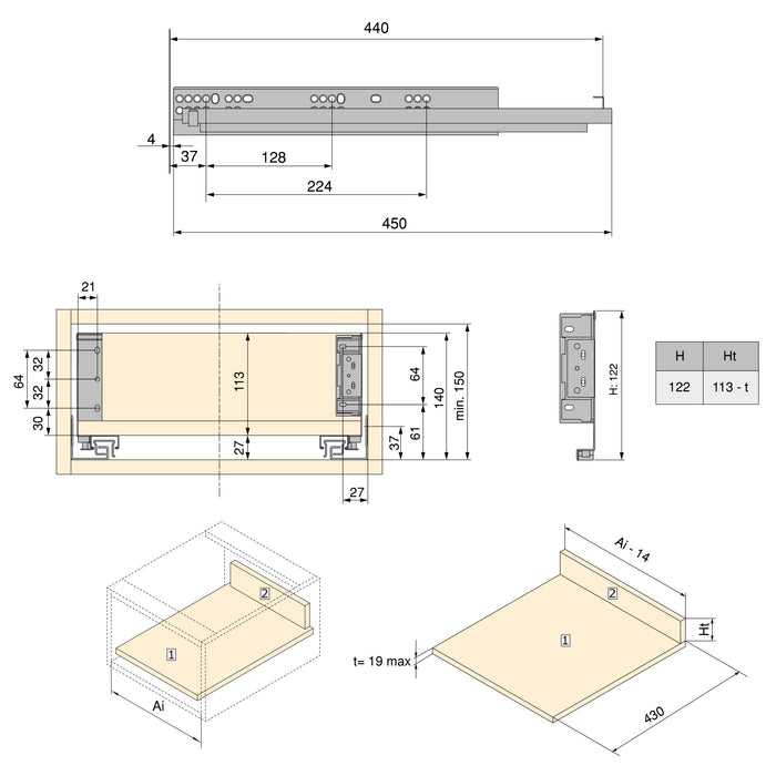 Emuca NEU | Aussenschublade Simplex 25kg Höhe 122mm, Tiefe 440mm, Stahl, Anthrazitgrau