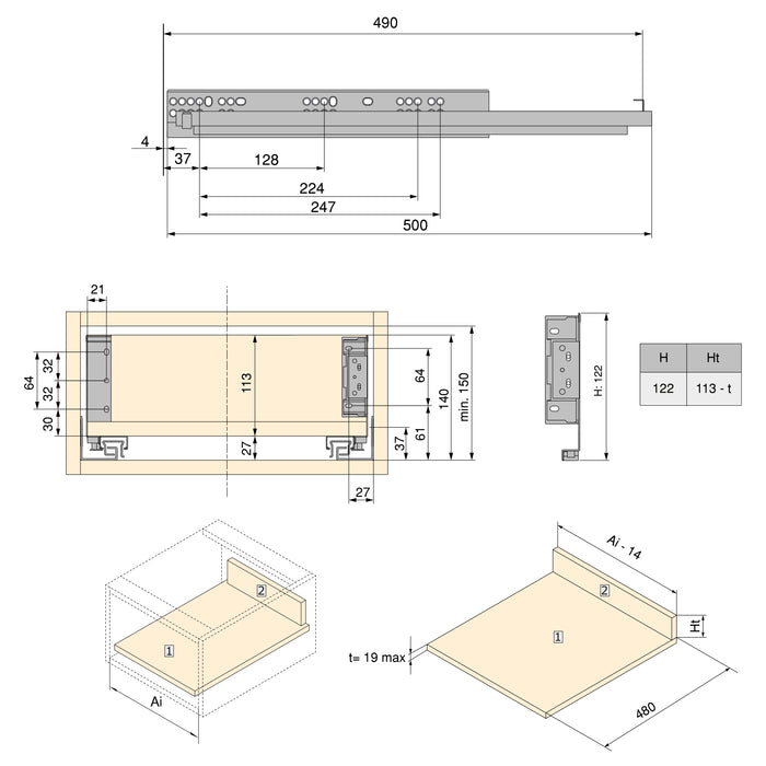 Emuca NEU | Aussenschublade Simplex 25kg Höhe 122mm, Tiefe 490mm, Stahl, Anthrazitgrau
