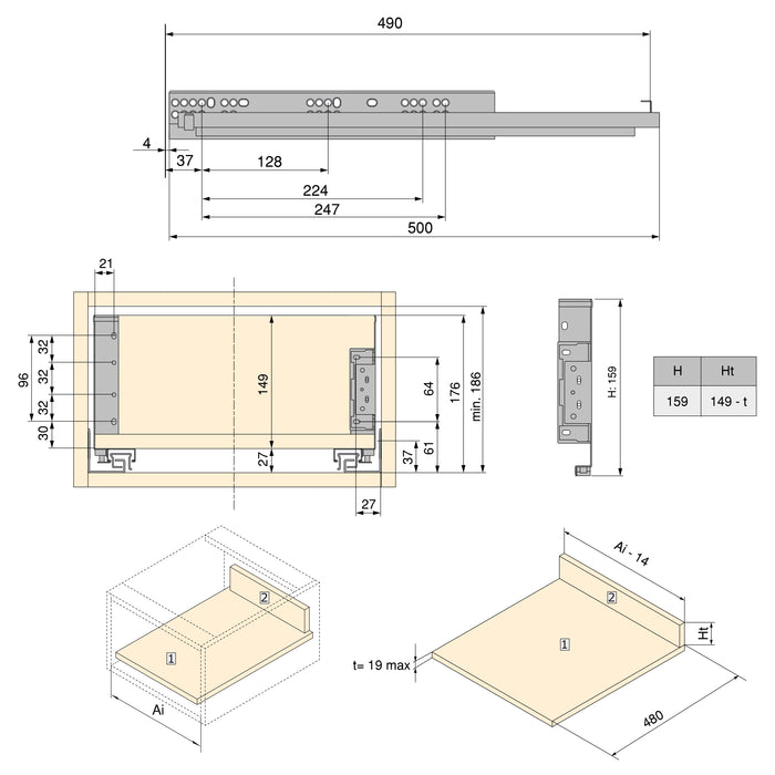 Emuca NEU | Aussenschublade Simplex 25kg Höhe 159mm, Tiefe 490mm, Stahl, Anthrazitgrau