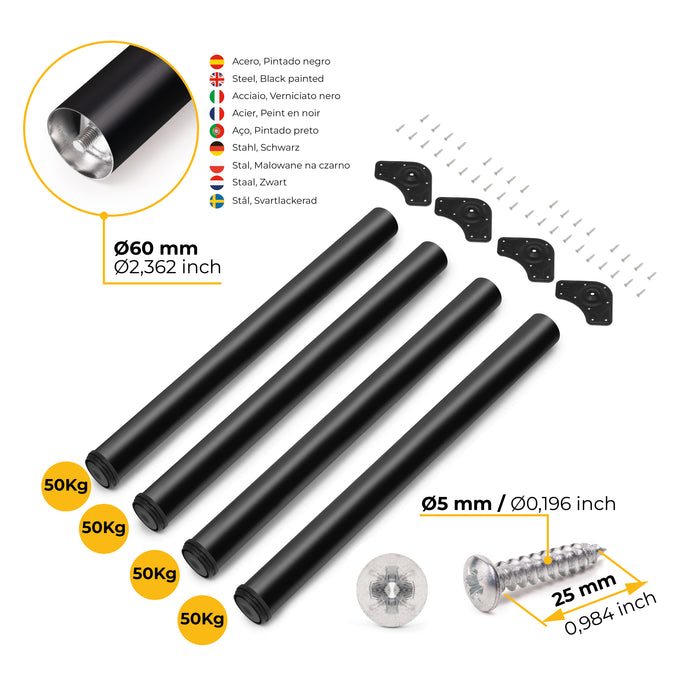 Emuca NEU | Lot von 4 Tischbeine, Durchmesser 60mm, H 830mm, Stahl, Schwarz