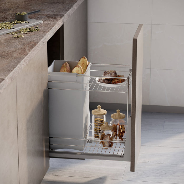 Auszugswagen mit Körben und untereingeschraubtem Supra-Brottier mit sanfter Schließung, Modul 300, Stahl, Verchromt