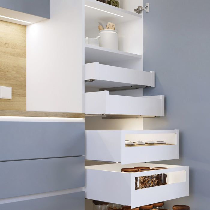 Außenschublade Protone 30Kg, Führungen mit vollständigem Auszug und sanftem Verschluss, Höhe 93mm, Tiefe 300mm, Stahl, Weiß lackiert