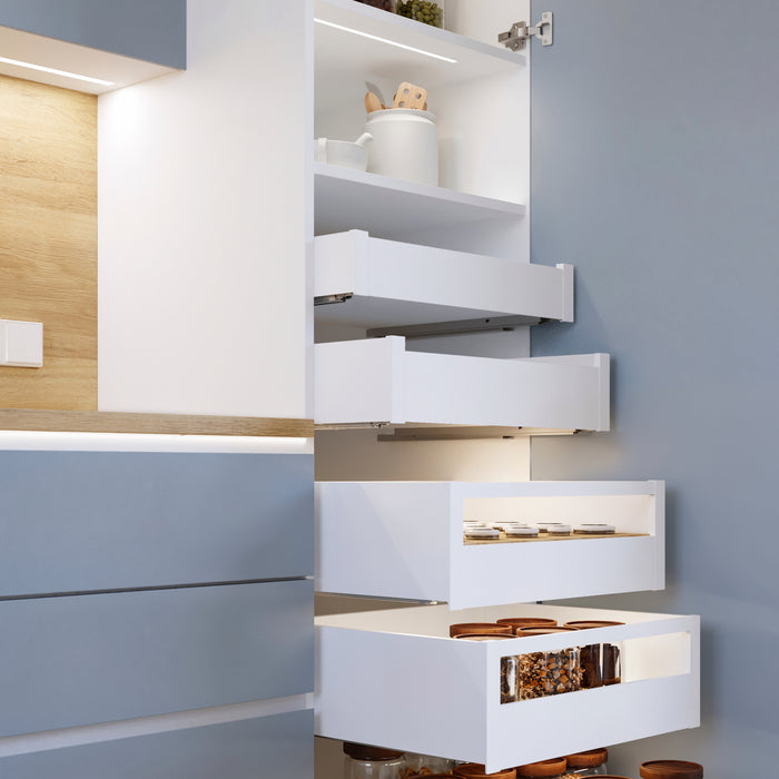 Emuca NEU | Außenschublade Protone 30Kg, Führungen mit vollständigem Auszug und sanftem Verschluss, Höhe 93mm, Tiefe 500mm, Stahl, Weiß lackiert