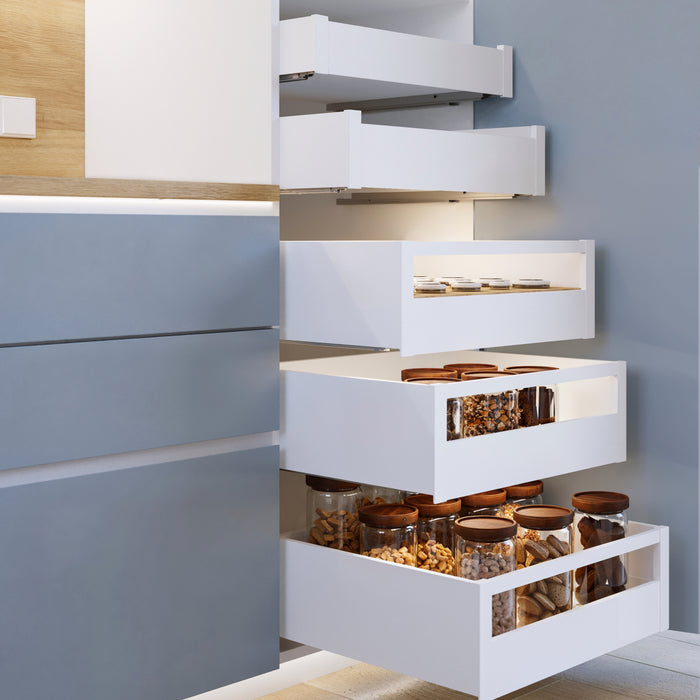 Emuca NEU | Außenschublade Protone 30Kg, Führungen mit vollständigem Auszug und sanftem Verschluss, Höhe 131mm, Tiefe 500mm, Stahl, Weiß lackiert